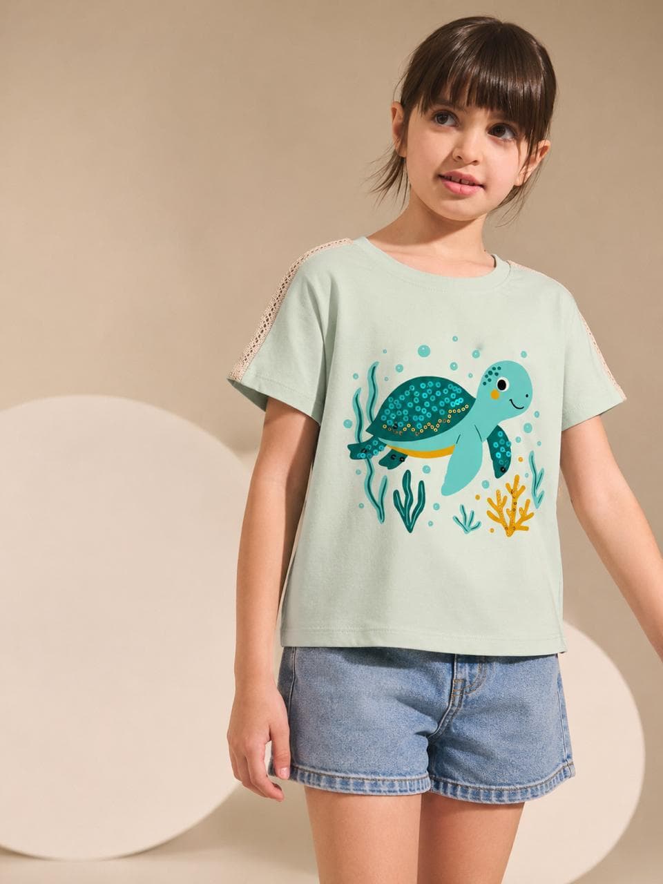 Girls Sea Turtle Printed Cotton T-Shirt