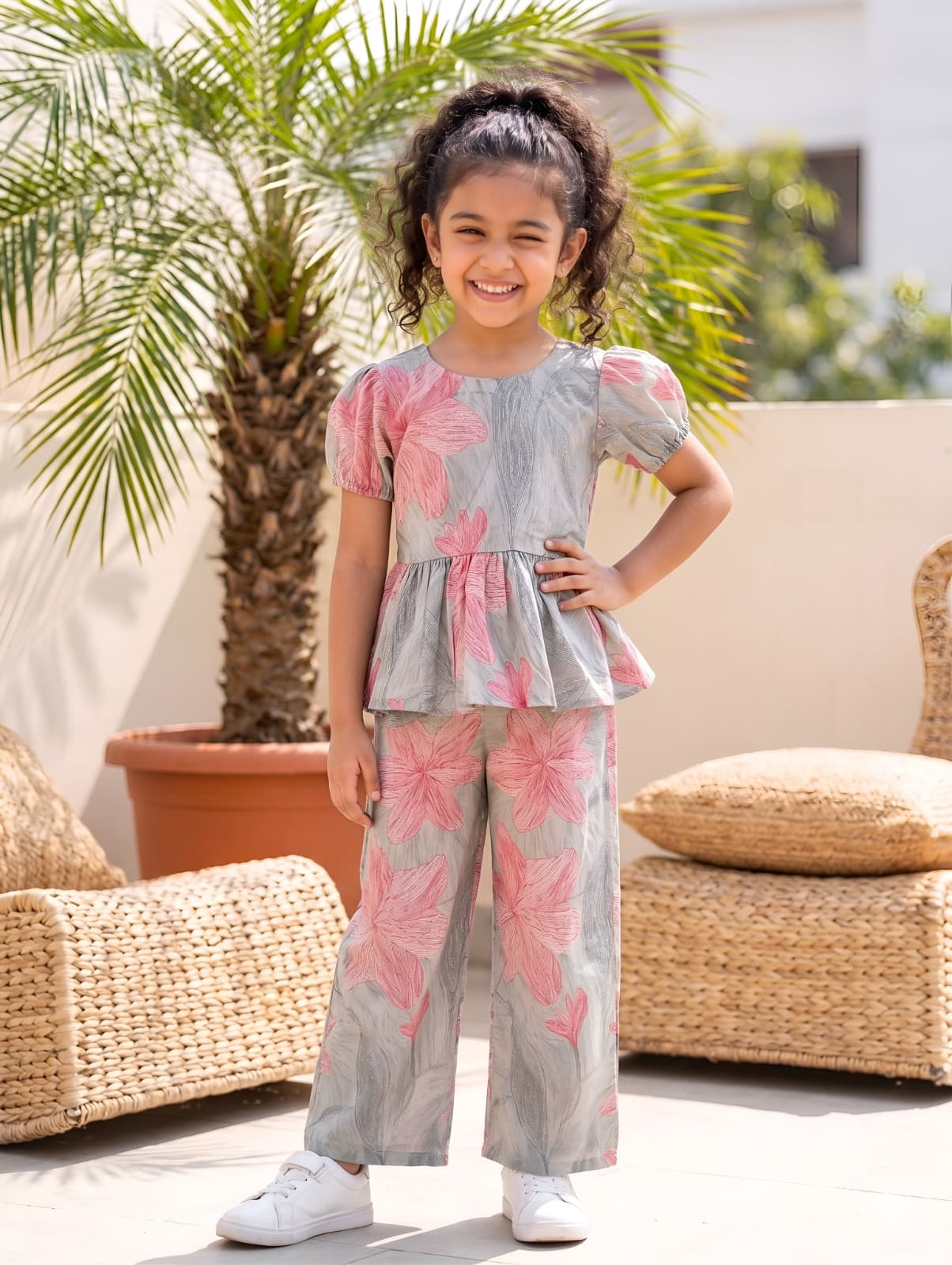 Round Neck Peplum Set- Cement with Pink Flower