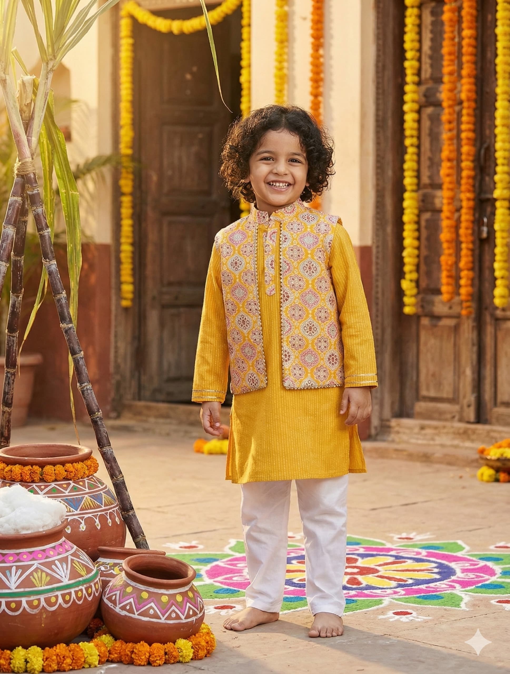 Boys Jacket Kurta with Pants- Yellow