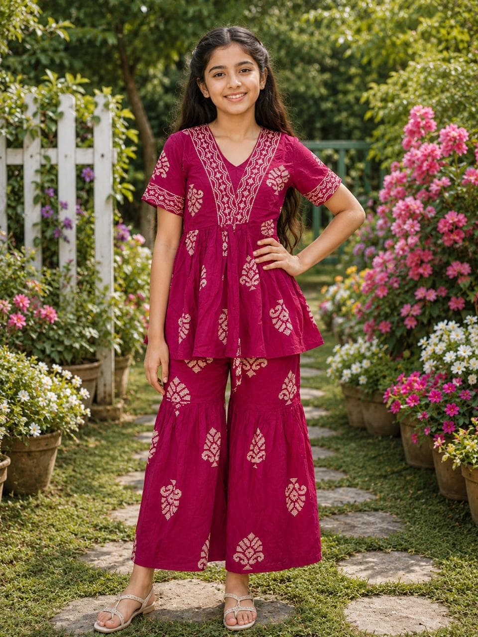 Magenta Embroidered-Style Kurta & Palazzo Set